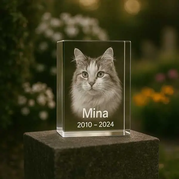 Mémorial chat en verre 3D – Bloc funéraire 12 cm bords droits