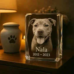 Bloc funéraire animal 3D 12 cm – Verre biseauté, format portrait