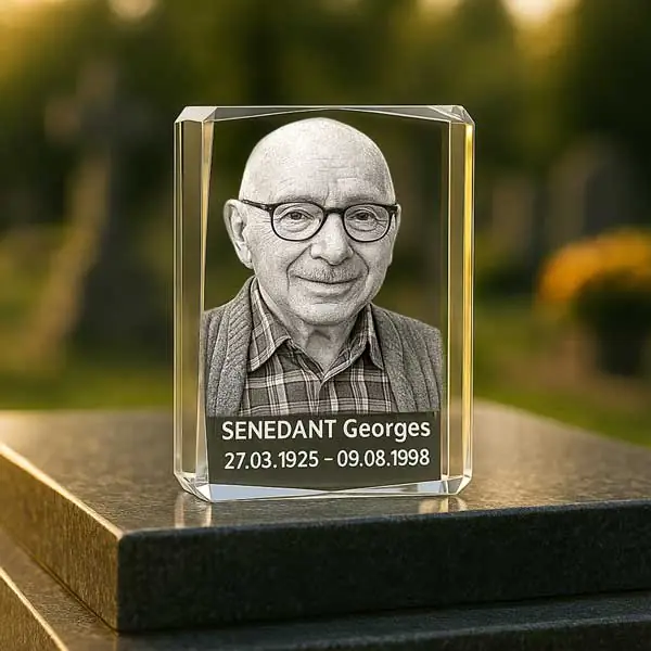 Bloc funéraire photo 3D 20 cm portrait bords biseautés en verre.